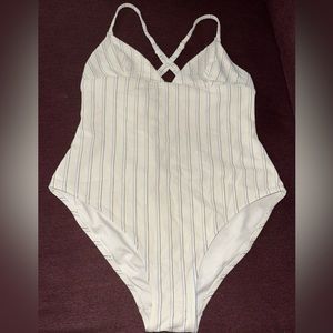 H&M Beige with Light Blue and Black Vertical striped Swimsuit